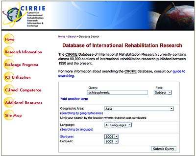 Figure 1: Screen shot of CIRRIE Database of International Rehabilitation Research Web Search Interface