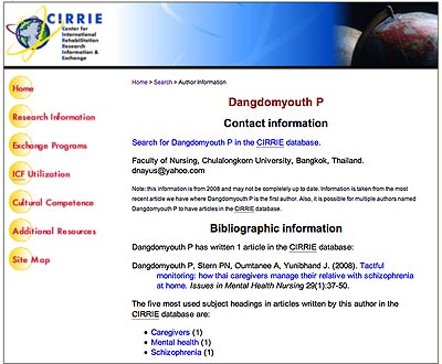 Figure 2: Screen shot of CIRRIE Database of International Rehabilitation Research Web Search Interface results
