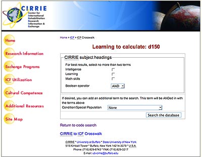 Figure 3: Screen shot of CIRRIE Database of International Rehabilitation Research Web Search Interface options