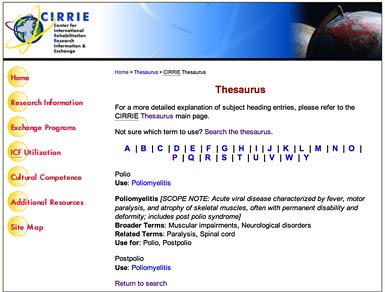 CIRRIE Database of Internatioinal Rehabilitation Research - Guide to Searching by Subject heading