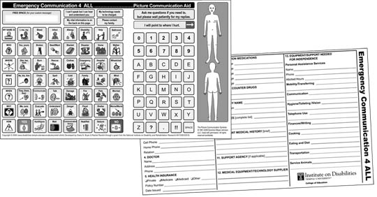 Figure 2: Emergency Communication 4 ALL-Picture Communication Aid: The image file has two 8 1/2 by 14 inch pages. Page 1 has the Emergency Communication 4 ALL - Picture Communicaiton Aid and page 2 has the Personal Information Form.