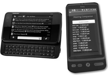 Figure 1: Photo of Nokia N900 (shown on the left, a cell phone with a keyhboard that slides out) and the HTC Desire (right). Shown on phone on the right is a listing of recent sound events (such as siren, car horn, bike horn) and the time each occurred, with the most recent at the top of the list.